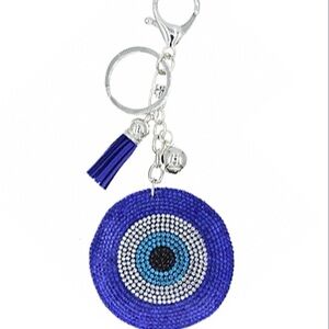 NWT Blue stone crystal beaded large evil eye bag charm keychain w tassels or pom